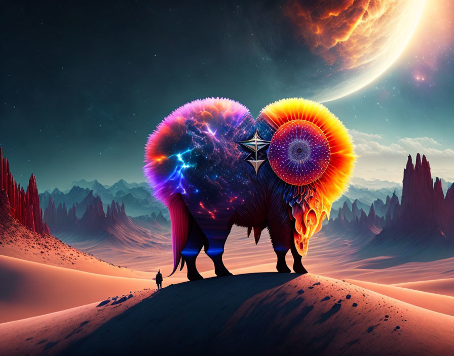 Colorful surreal landscape with human figure and elephant-like creatures under cosmic sky