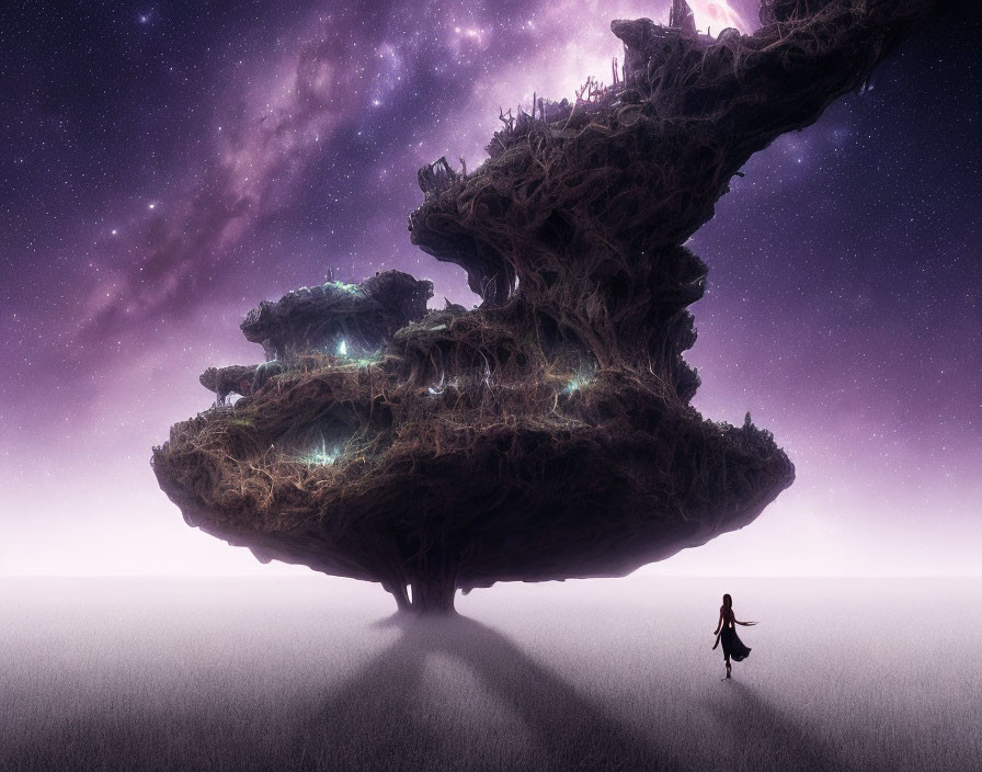 Person walking towards massive floating island under starry sky