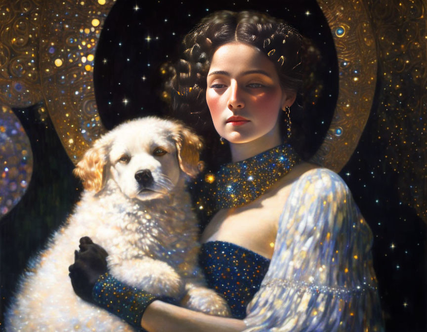 Starry dress woman holds fluffy dog in cosmic background