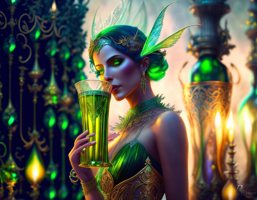 Illustrated female figure with glowing green eyes and feathered headpiece holding green liquid among ornate lamps