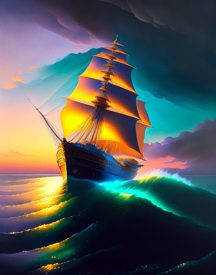 Digital Art: Sailing Ship with Illuminated Sails at Sunset