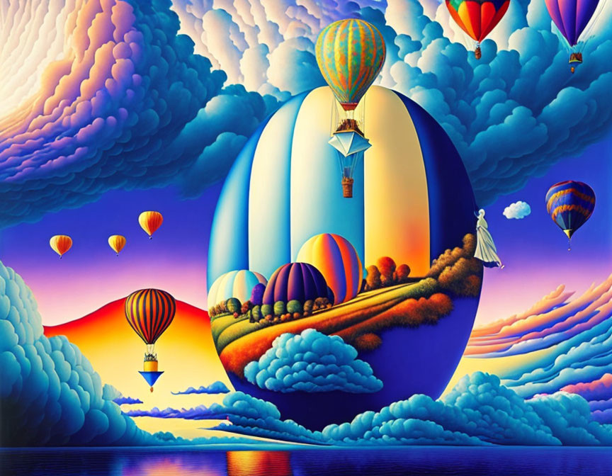 Colorful hot air balloon art over surreal sunset landscape
