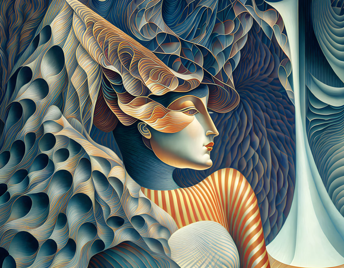 Abstract person illustration with flowing hair and wave-like patterns in blues, oranges, creams