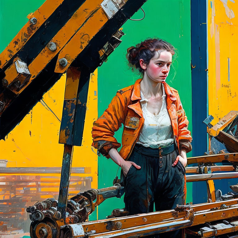 Confident young woman in orange jacket and black trousers against industrial backdrop
