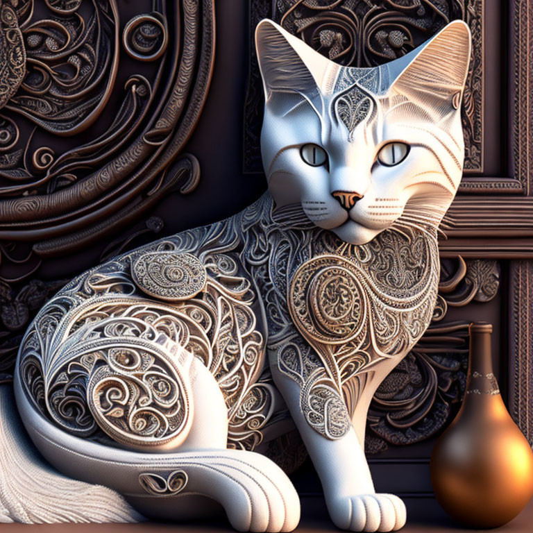 Stylized cat digital art with ornamental patterns and vase background