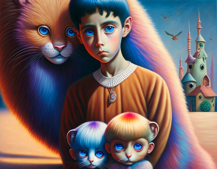Surreal painting: Boy with blue eyes and three oversized, colorful cats in a castle backdrop