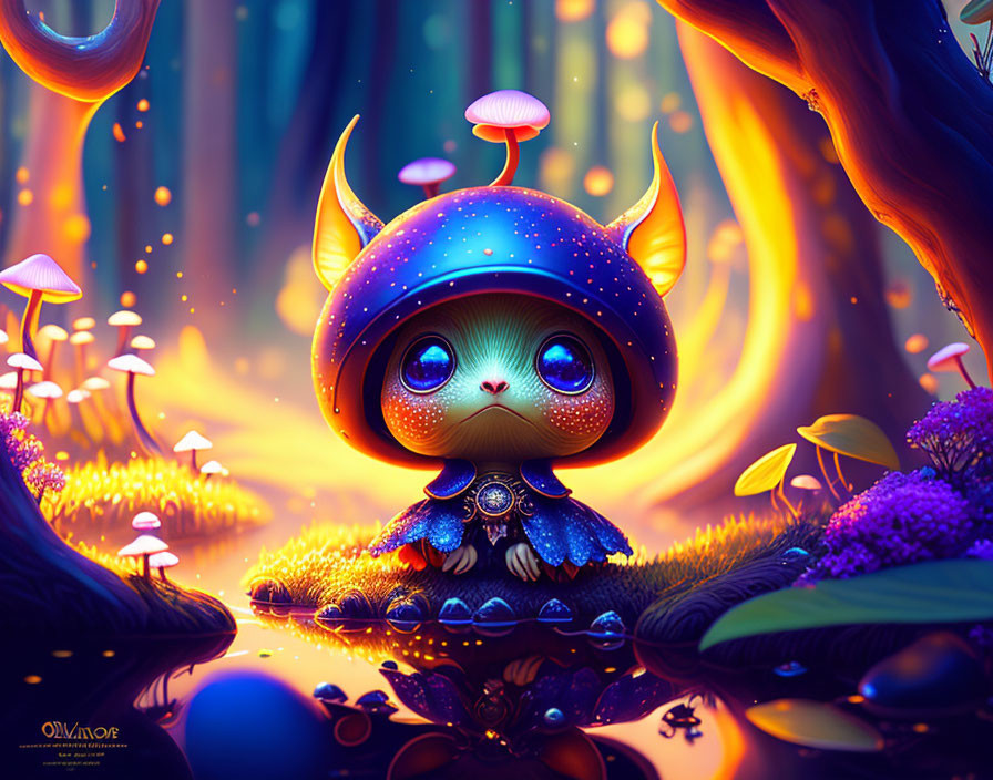 Colorful cartoon creature in forest with glowing mushrooms and purple flora