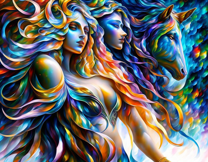 Colorful illustration: Two ethereal women, horse, rainbow swirls