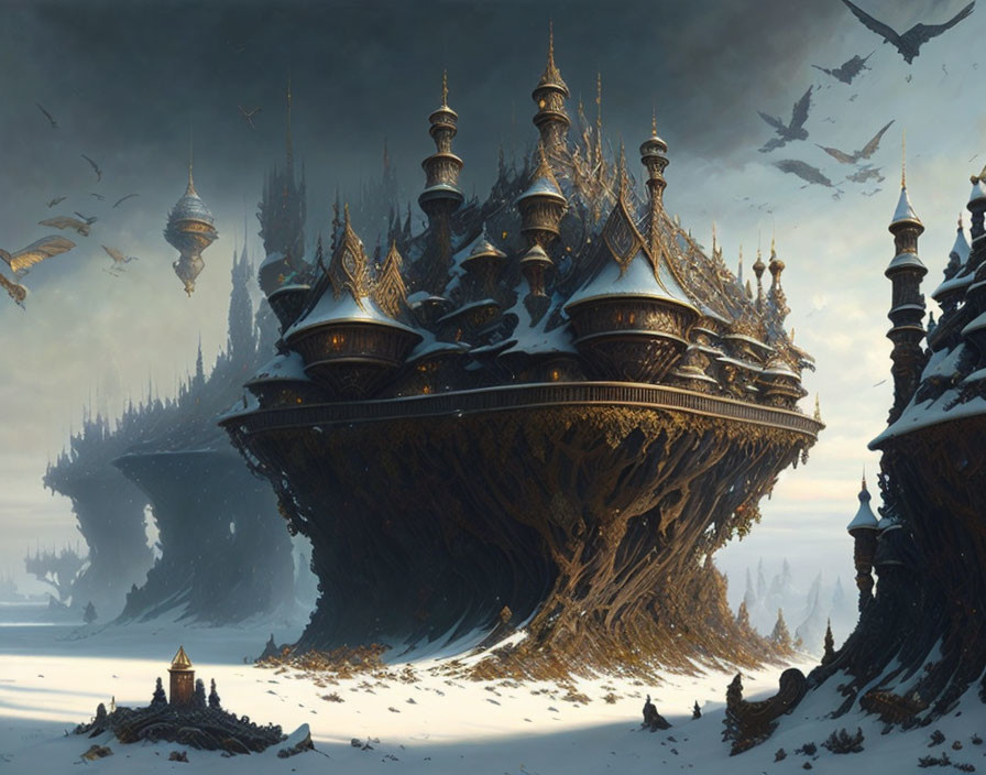 Fantastical floating castle with spires and ornate architecture in mountainous setting