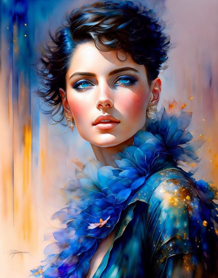 Colorful Illustration: Woman with Blue Eyes and Feathers