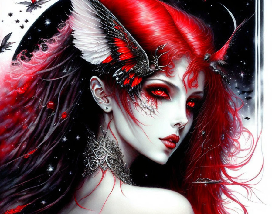 Vibrant red-haired fantasy woman with butterfly wing earring and ethereal stars.