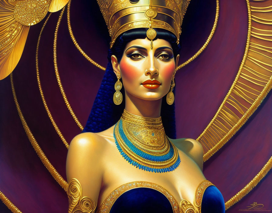 Majestic woman with golden headdress and Egyptian jewelry on warm background