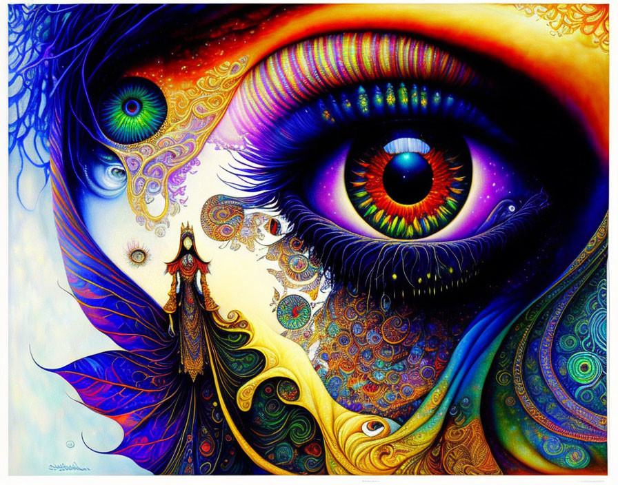 Colorful surreal artwork: Intricate eyes, patterns, figure in psychedelic scene