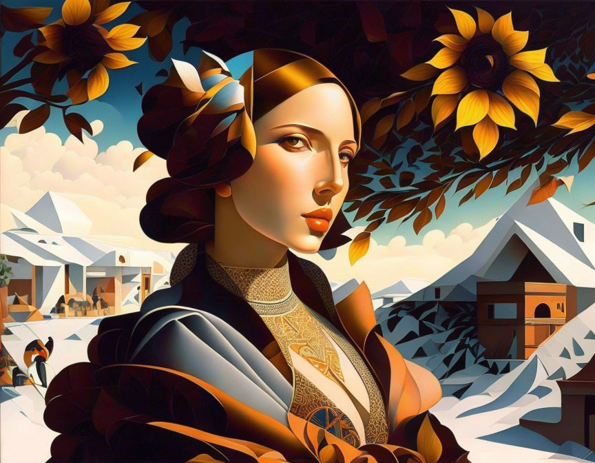 Woman with stylized features among sunflowers in geometric winter scene.