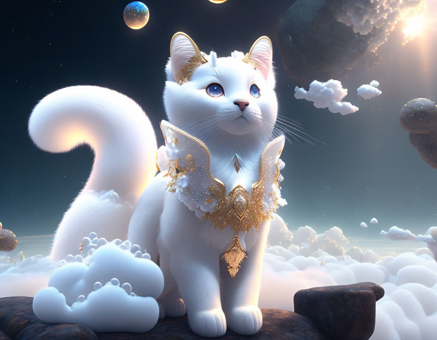 White Cat with Golden Embellishments in Dreamy Cloudscape