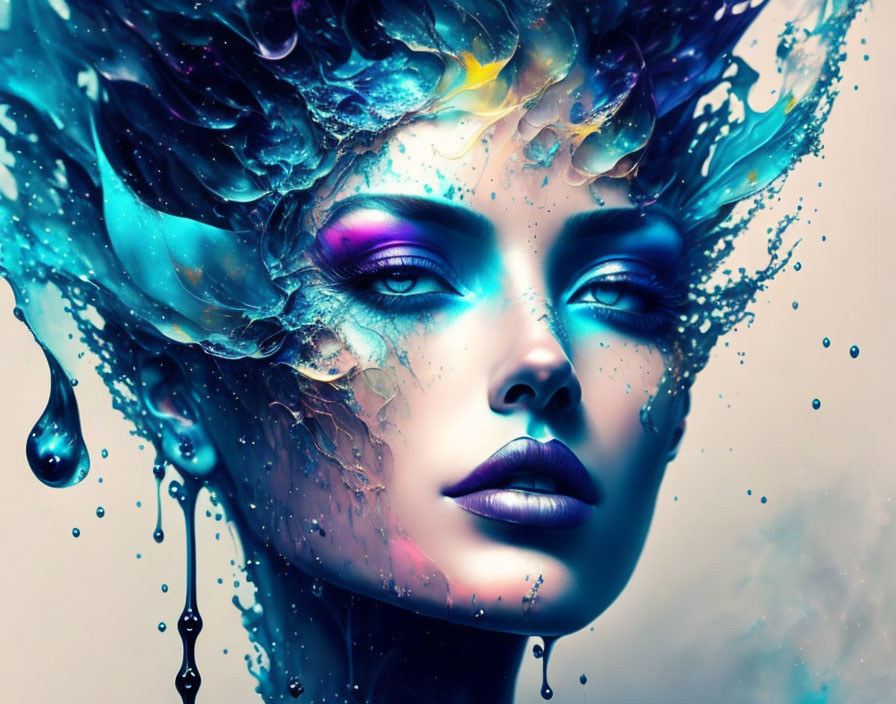 Colorful digital artwork: Woman's face with water splashes and vibrant colors