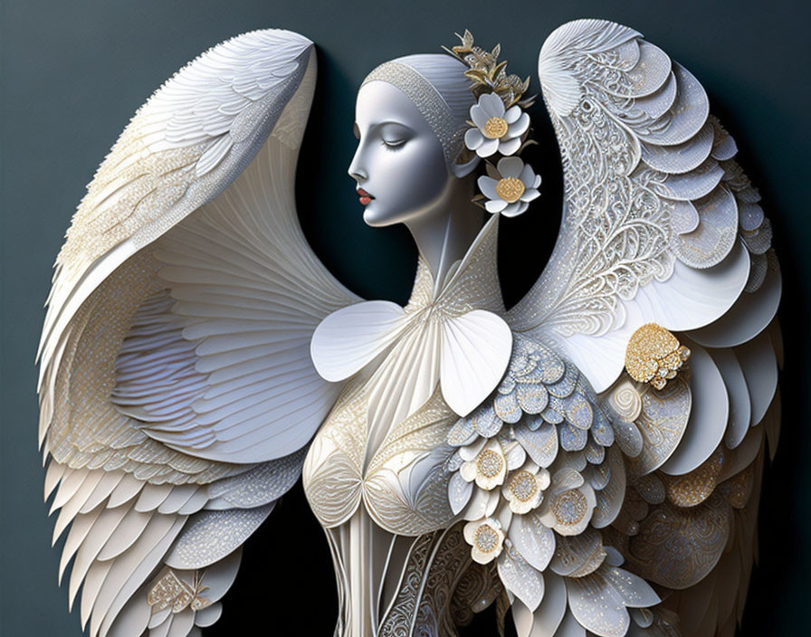 Woman with White and Gold Feathered Wings in Sophisticated Design