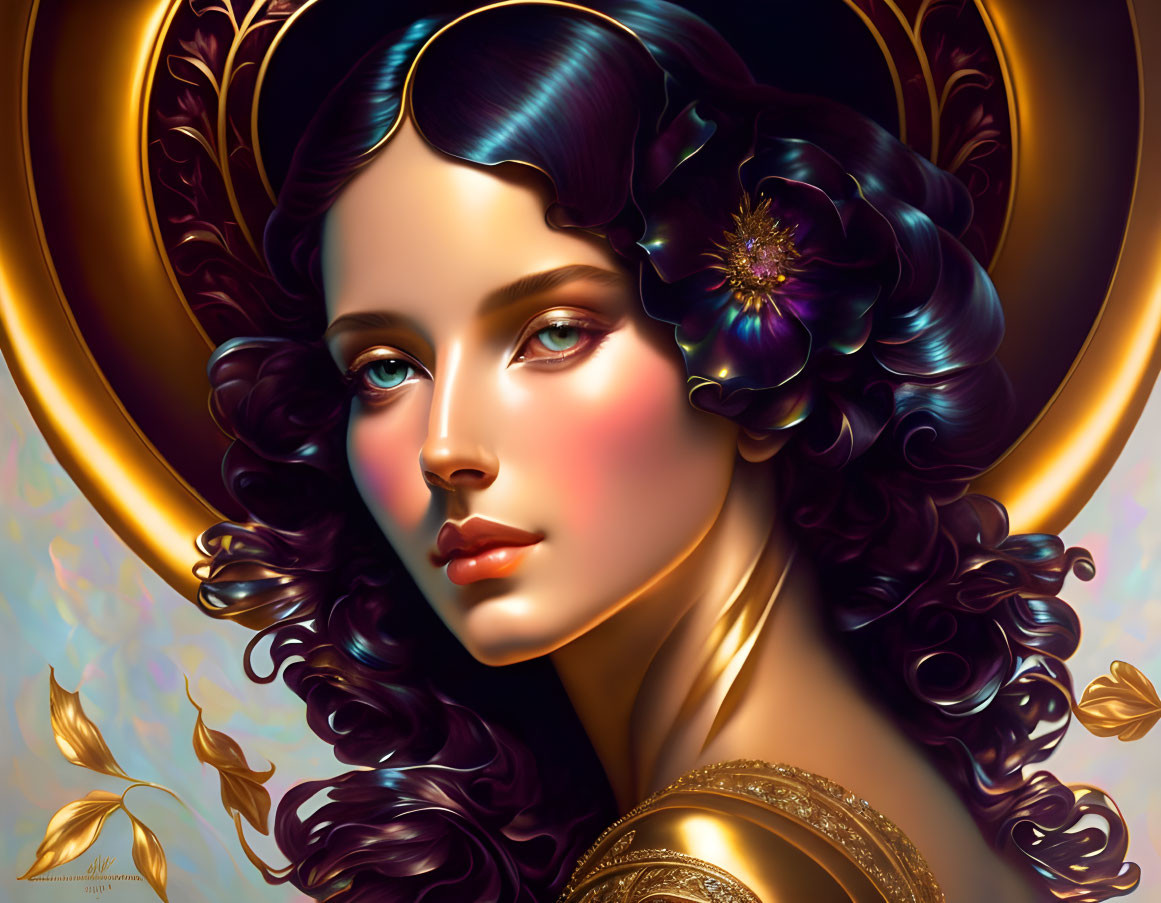 Digital artwork: Woman with curly hair, gold accents, floral adornment, and golden background