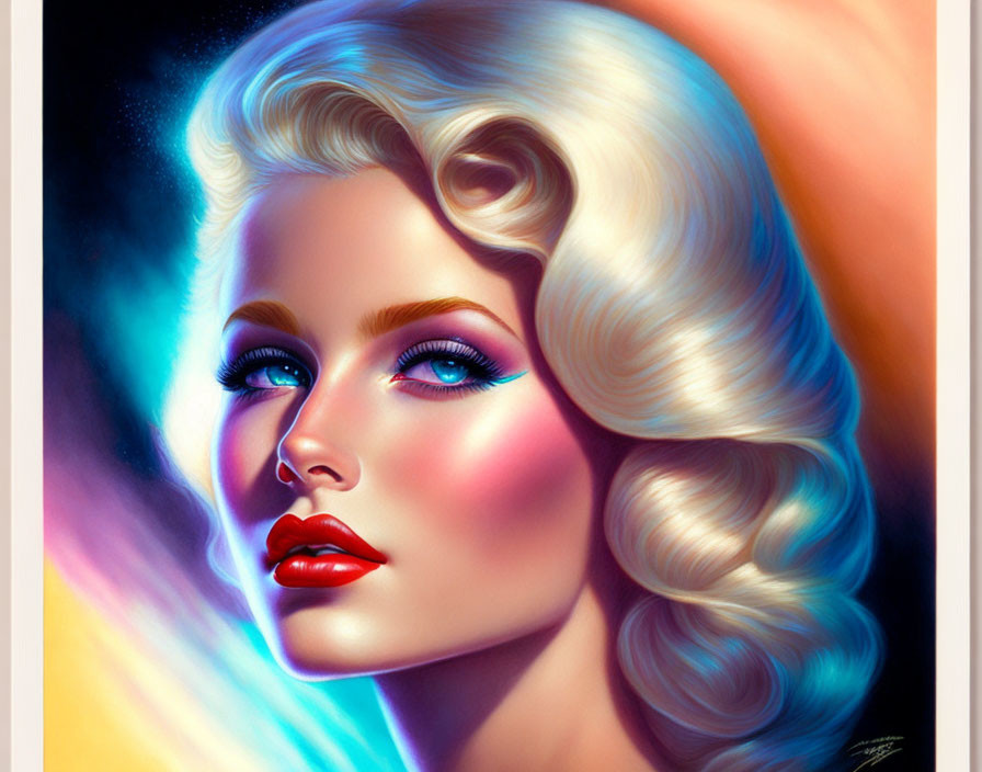 Portrait of woman with blonde hair, blue eyes, red lipstick, colorful backdrop