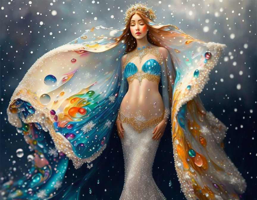Pregnant woman in ocean-inspired gown with flowing hair