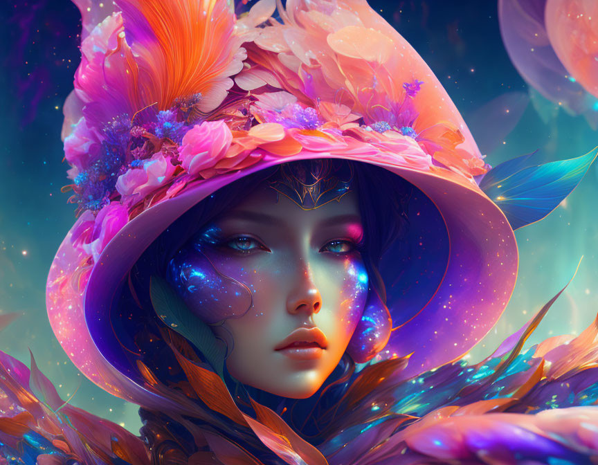 Illustration of woman with floral hat and stardust sprinkled skin