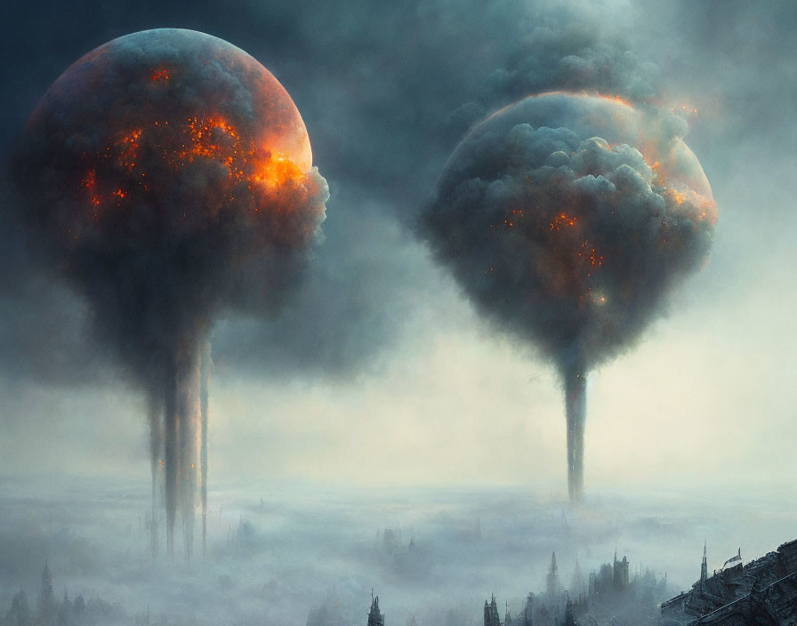 Dramatic artwork of mushroom cloud explosions in foggy landscape