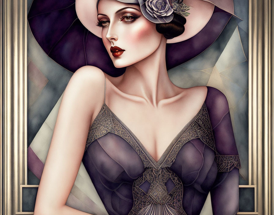 Vintage-style illustration: Elegant woman in wide-brimmed hat and translucent purple dress.