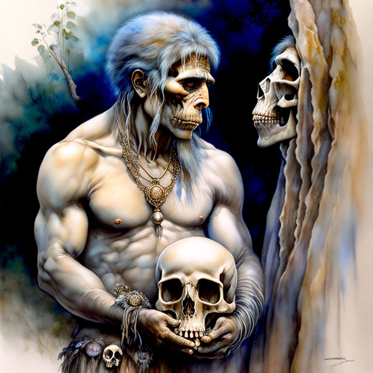 Blue-skinned humanoid creature with skull-like features holding a human skull.