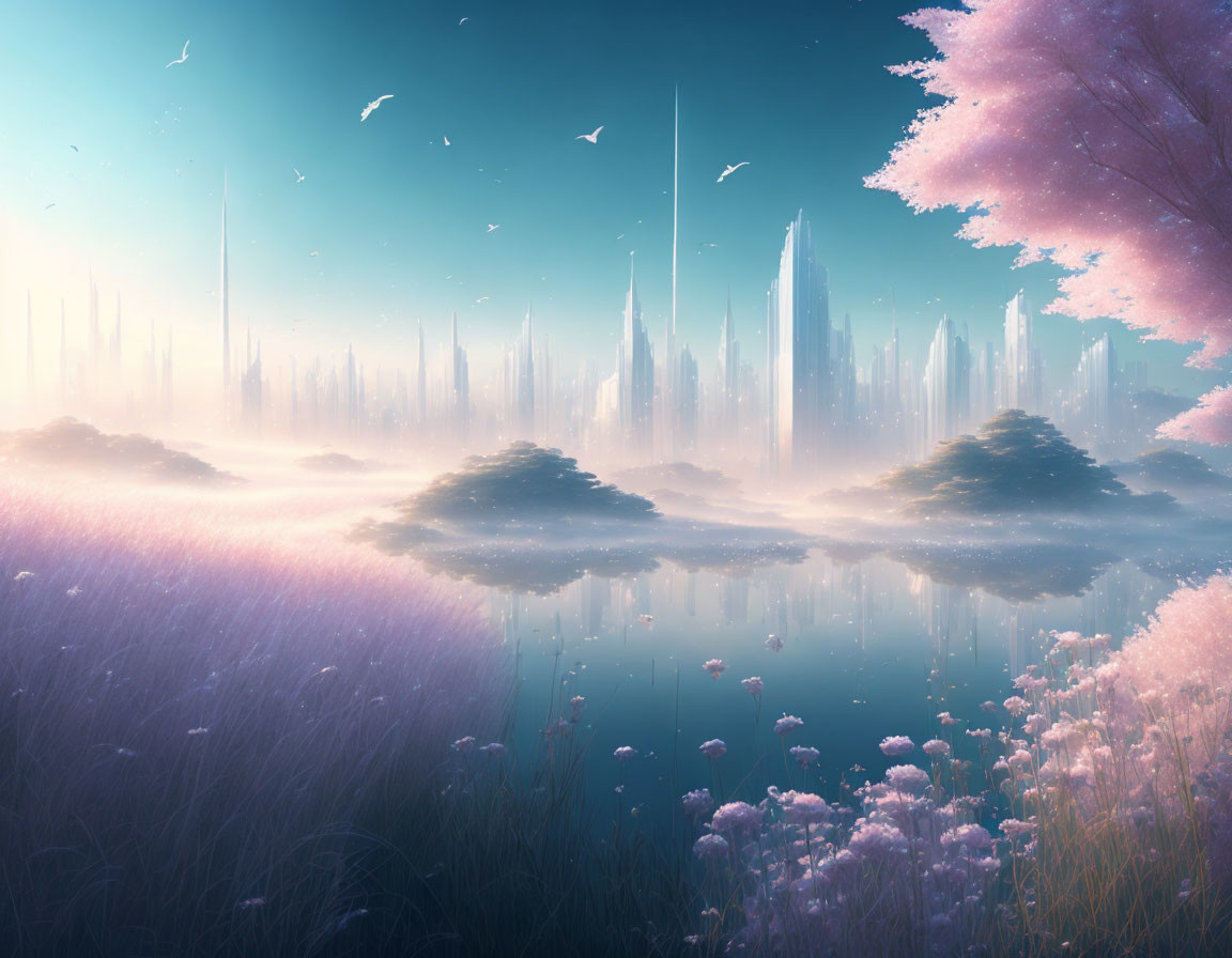 Fantastical landscape with reflective lake, pink trees, birds, and futuristic city.