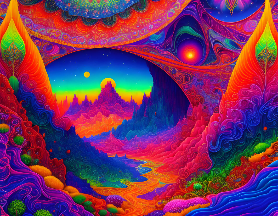 Colorful Psychedelic Landscape with River and Night Sky