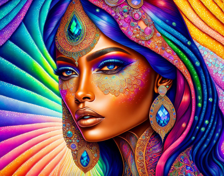 Colorful digital art of woman with jewels, headdress, and intricate facial patterns