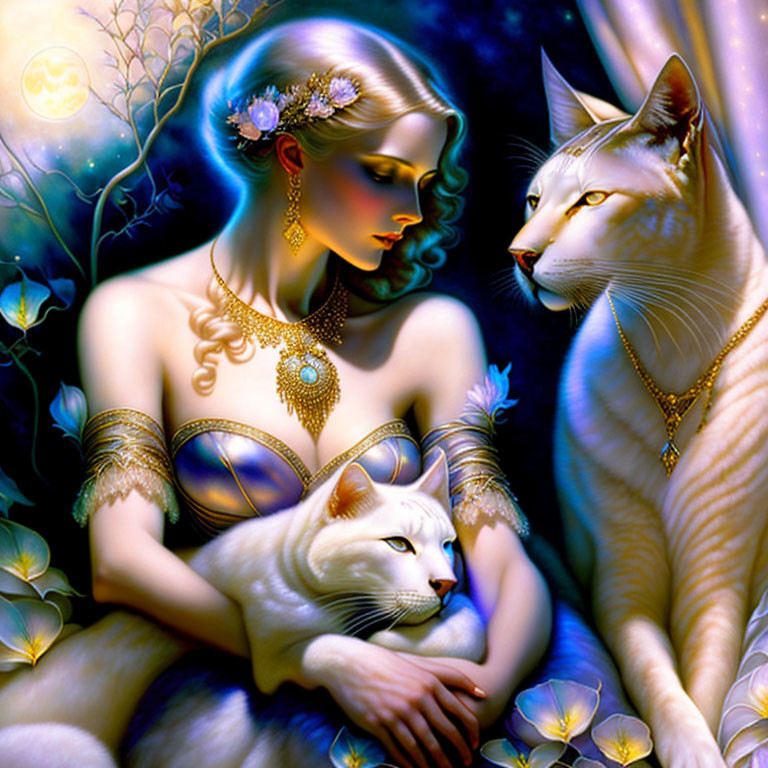 Woman with flowing hair and cats under moonlit sky with butterflies.