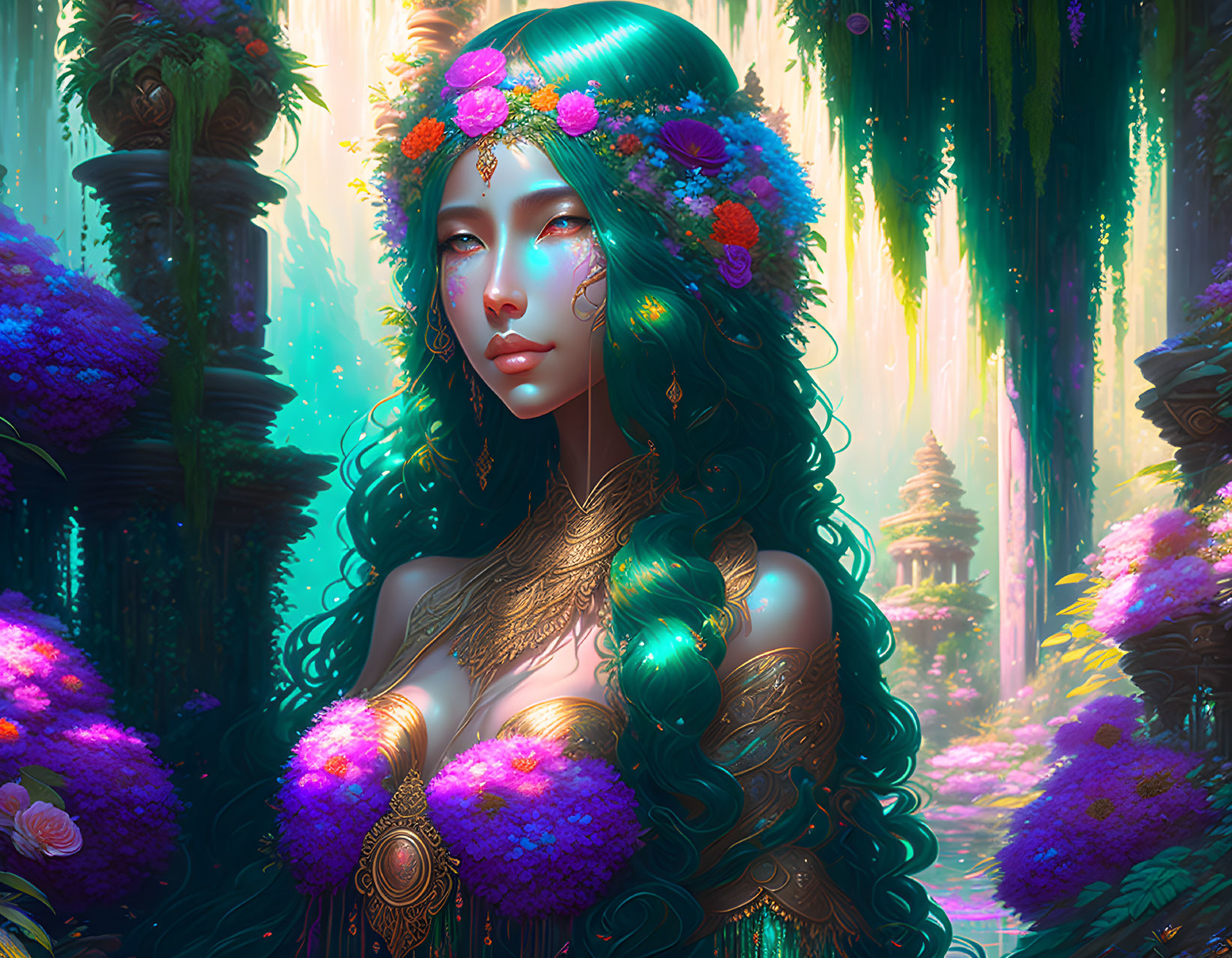 Enchanted forest scene: mystical woman with green hair and vibrant flower adornments.