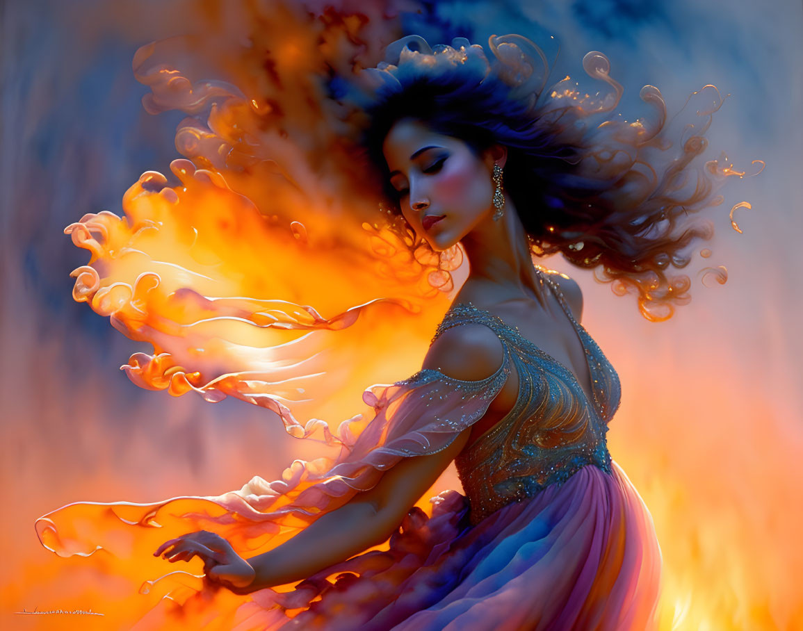 Woman in flaming dress against fiery backdrop symbolizes power.