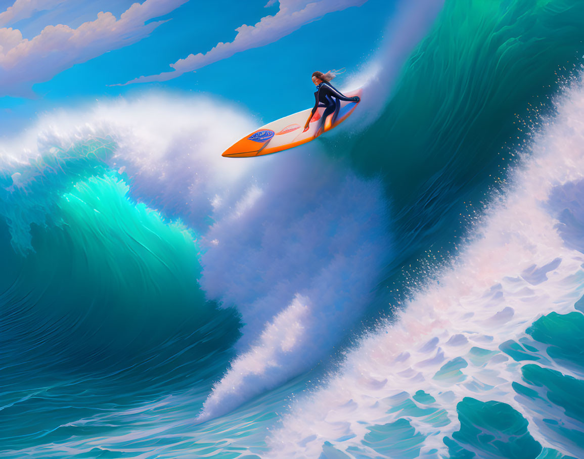 Surfer riding towering blue wave on orange surfboard