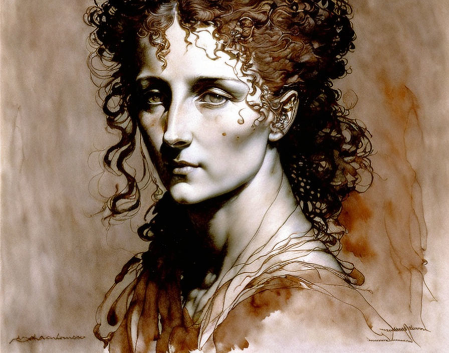 Sepia-Toned Portrait of Person with Curly Hair and Contemplative Expression