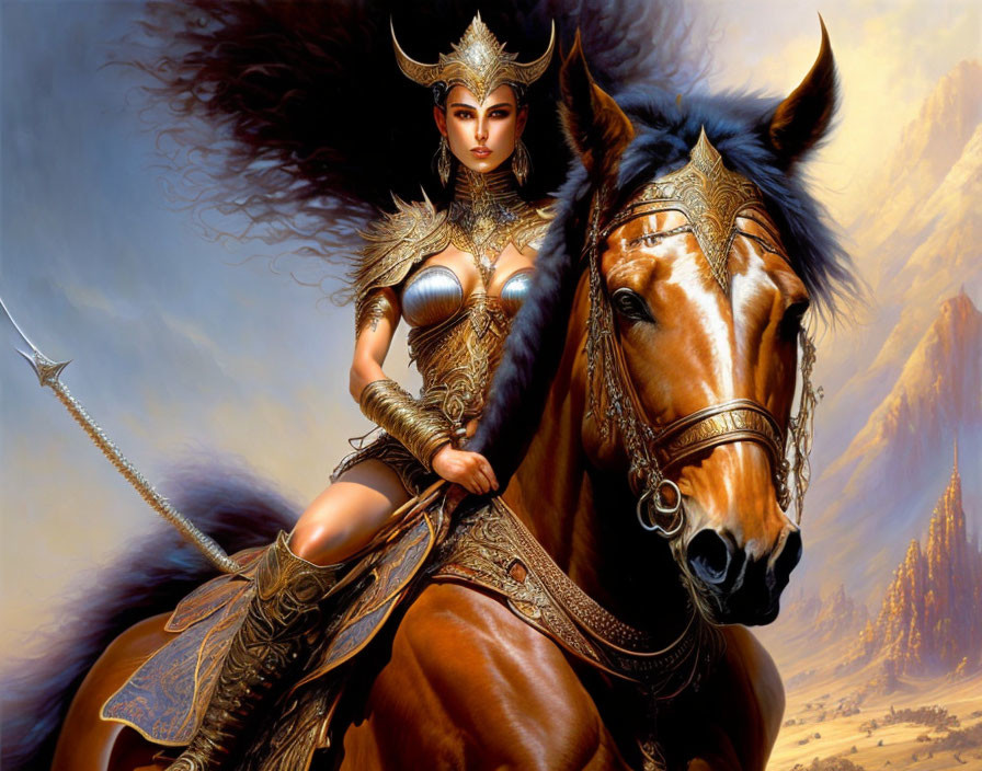 Warrior woman in ornate armor riding horse with staff in dramatic landscape.