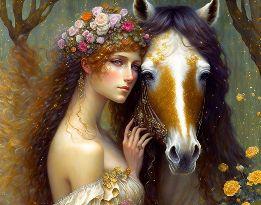 Woman with Floral Crown Embracing Brown Horse in Golden Accents