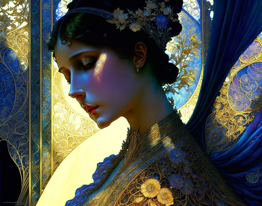 Woman in Blue and Gold Headpiece with Intricate Dress and Pensive Expression