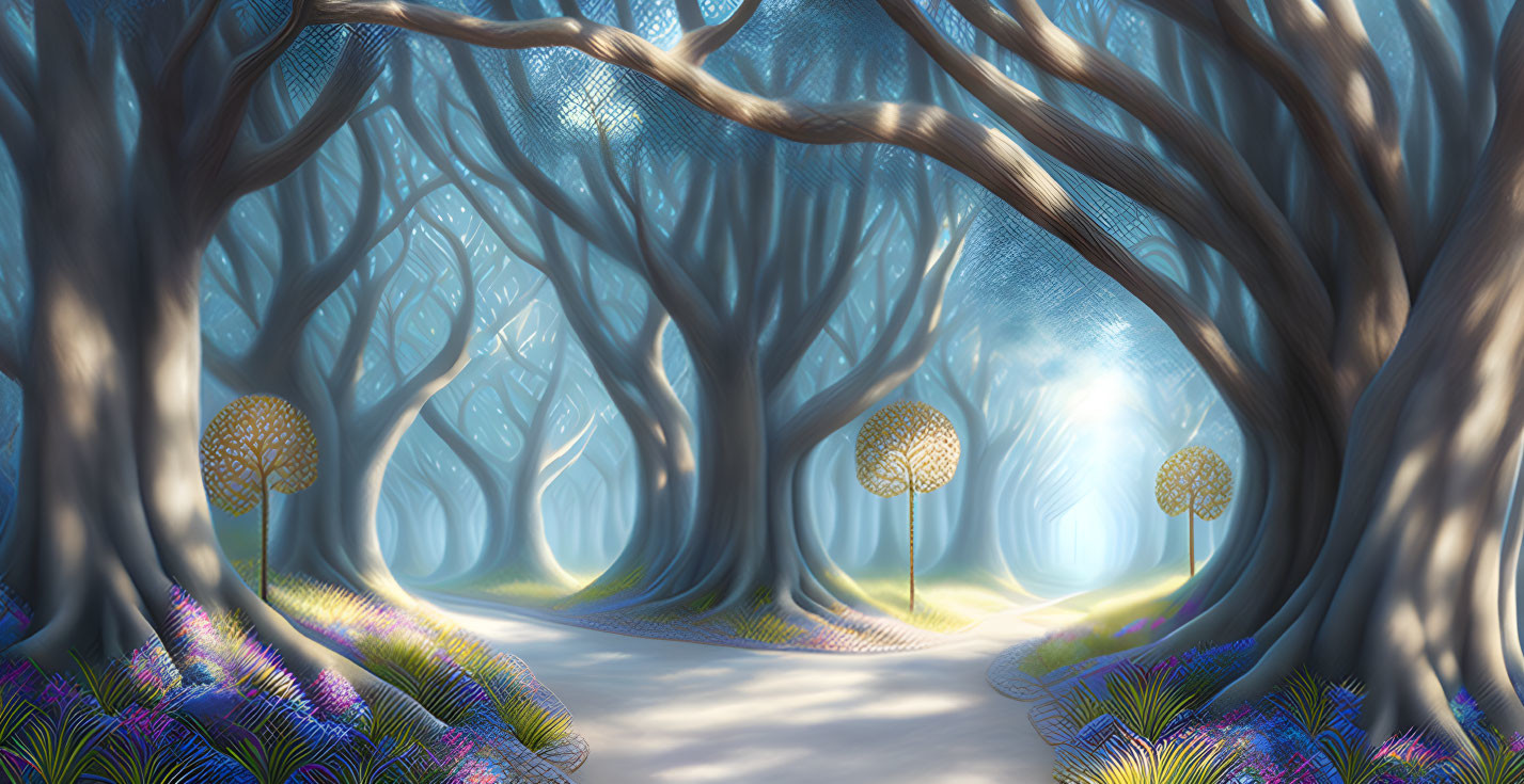 Enchanting forest with glowing orbs and colorful flora