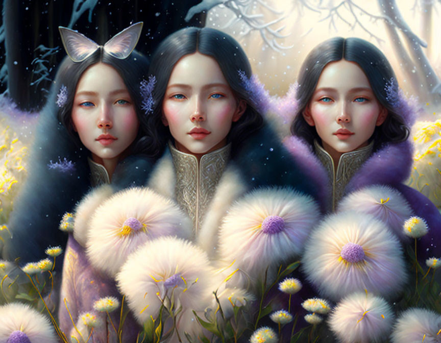 Ethereal women in wintry forest with delicate flowers