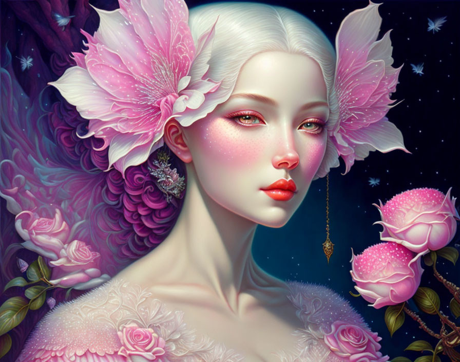 Digital artwork: Pale-skinned woman with white hair, pink flowers, dark foliage, stars