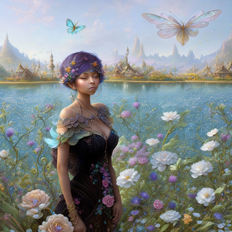 Woman with floral adornments by serene lake and fantastical landscape.