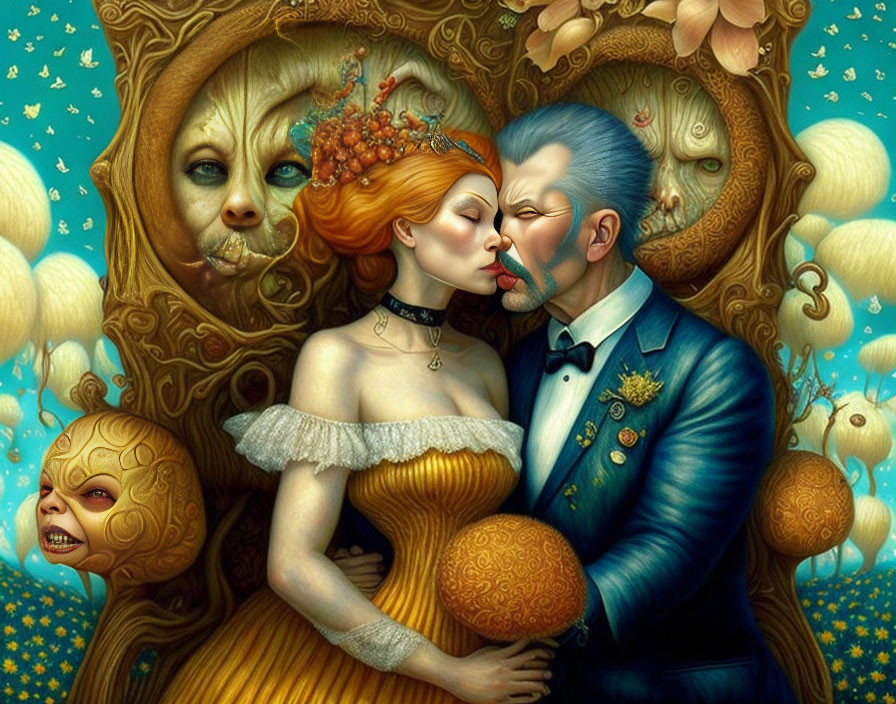 Surreal artwork of couple kissing with whimsical characters.