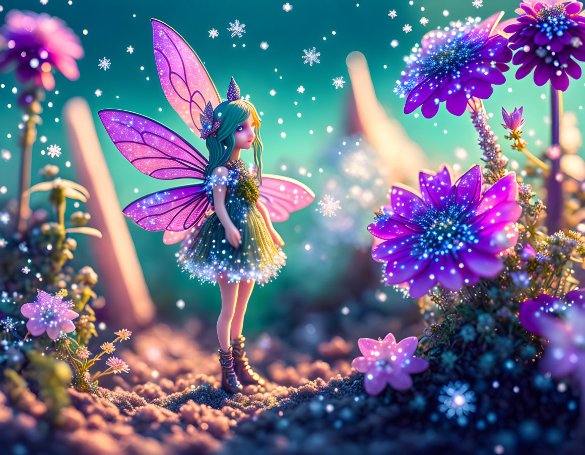 Whimsical fairy with butterfly wings in vibrant floral scene