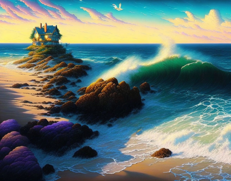 Vibrant sunset over rocky shore with house, ocean waves, and bird
