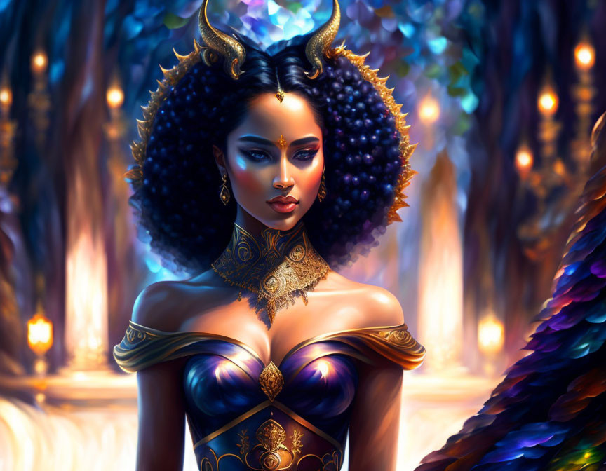 Fantasy woman with horns and gold jewelry in colorful forest landscape