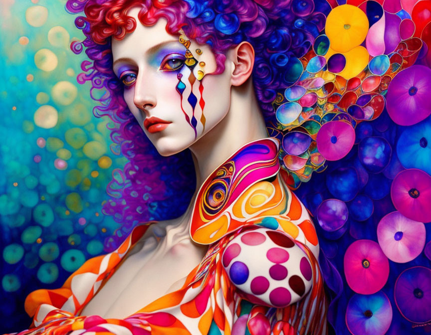 Colorful digital artwork: Woman with red curly hair and vibrant makeup in circle backdrop