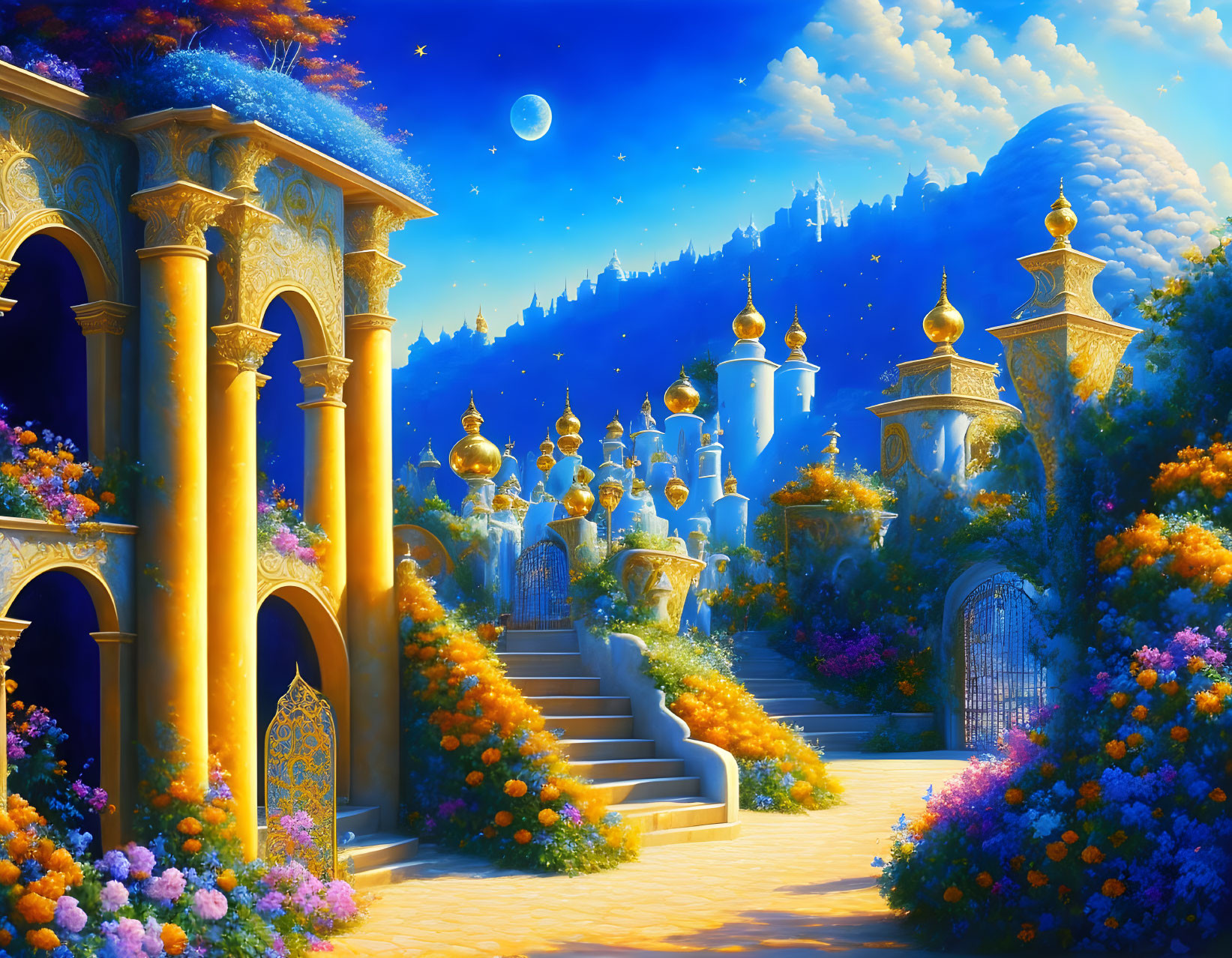 Fantasy landscape with golden-domed structures in lush gardens under starry sky