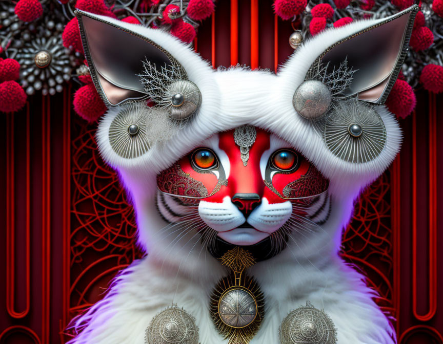 Digitally created ornate white cat with red markings and jewelry on detailed red background